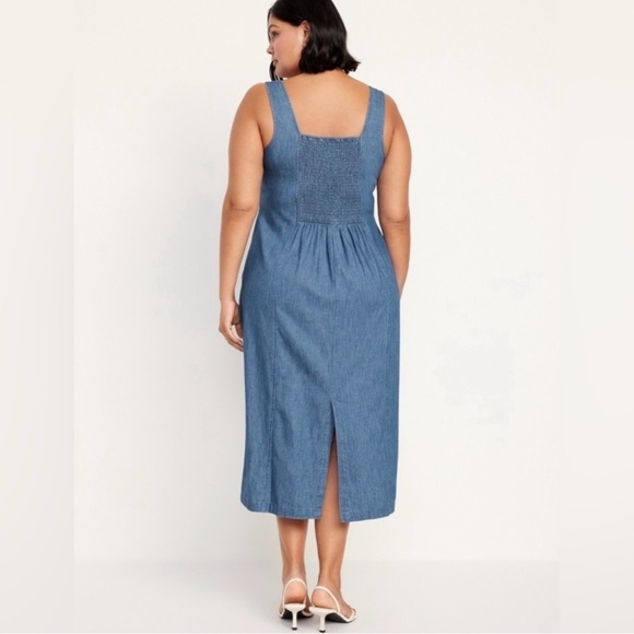 Old Navy Denim Chambray Midi Dress XL Blue Smocked Back Square Neck Cottagecore - Picture 2 of 15